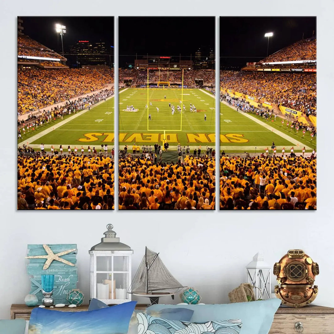 A living room boasts a gallery-quality finish with a large triptych featuring the ASU Sun Devils Football Team Print at Phoenix Mountain America Stadium wall art.