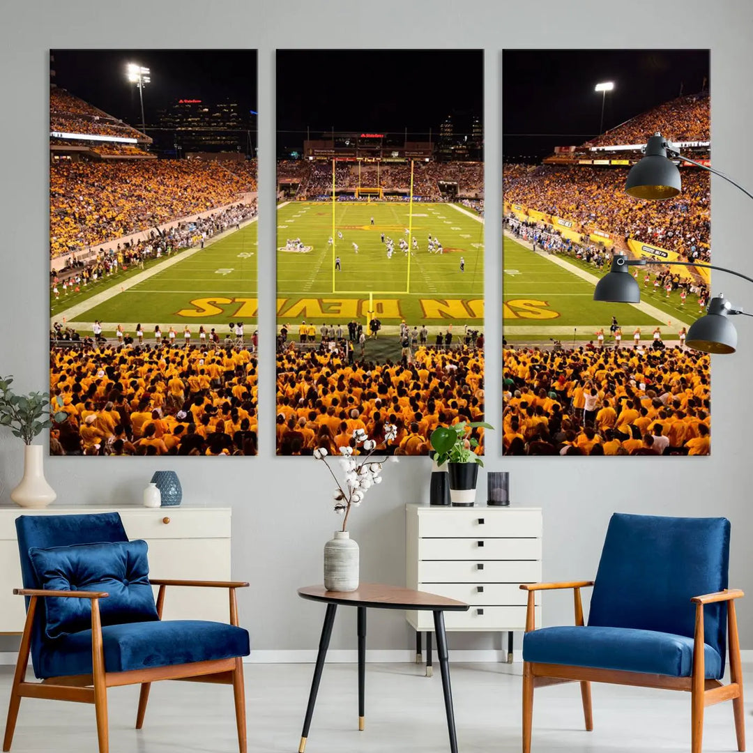 A living room boasts a gallery-quality finish with a large triptych featuring the ASU Sun Devils Football Team Print at Phoenix Mountain America Stadium wall art.