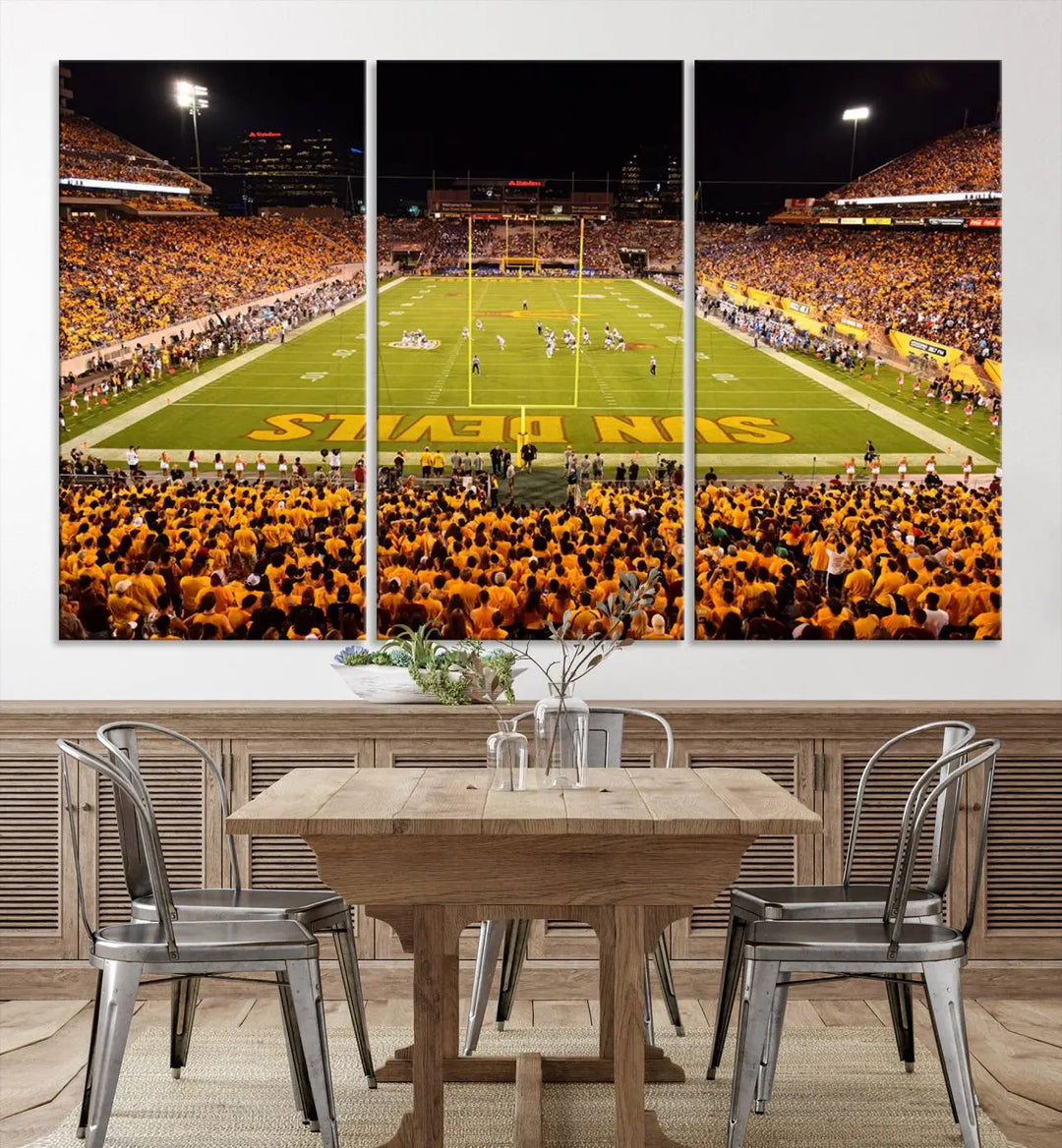 A living room boasts a gallery-quality finish with a large triptych featuring the ASU Sun Devils Football Team Print at Phoenix Mountain America Stadium wall art.