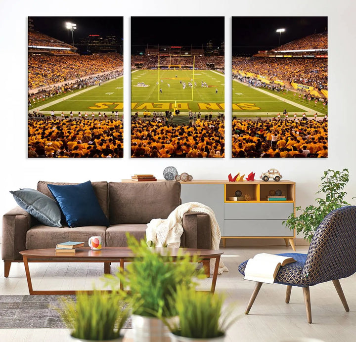 A living room boasts a gallery-quality finish with a large triptych featuring the ASU Sun Devils Football Team Print at Phoenix Mountain America Stadium wall art.