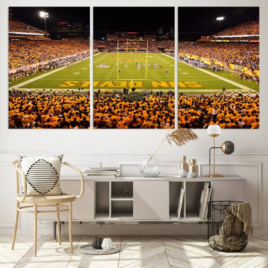 A living room boasts a gallery-quality finish with a large triptych featuring the ASU Sun Devils Football Team Print at Phoenix Mountain America Stadium wall art.