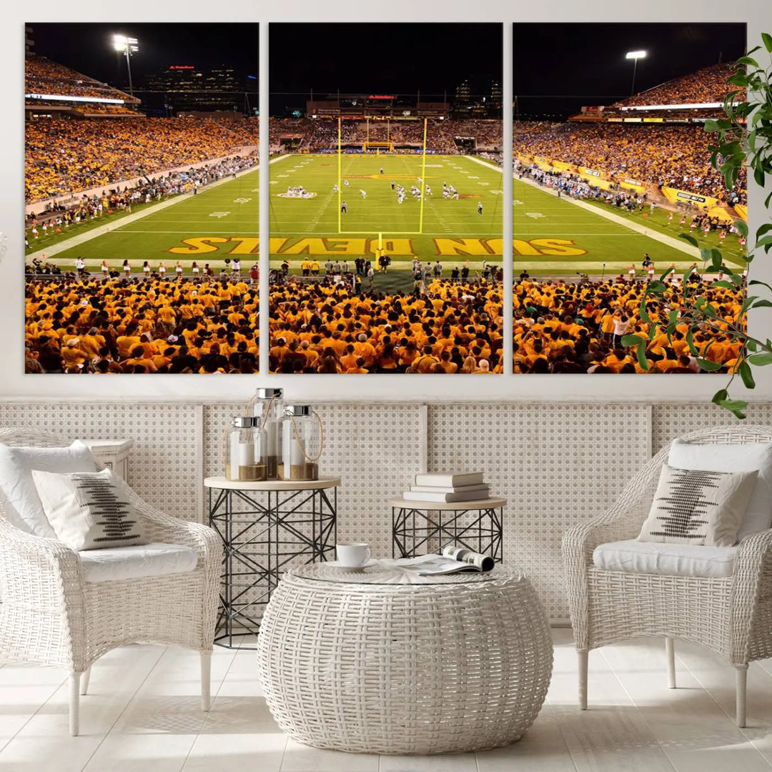 A living room boasts a gallery-quality finish with a large triptych featuring the ASU Sun Devils Football Team Print at Phoenix Mountain America Stadium wall art.