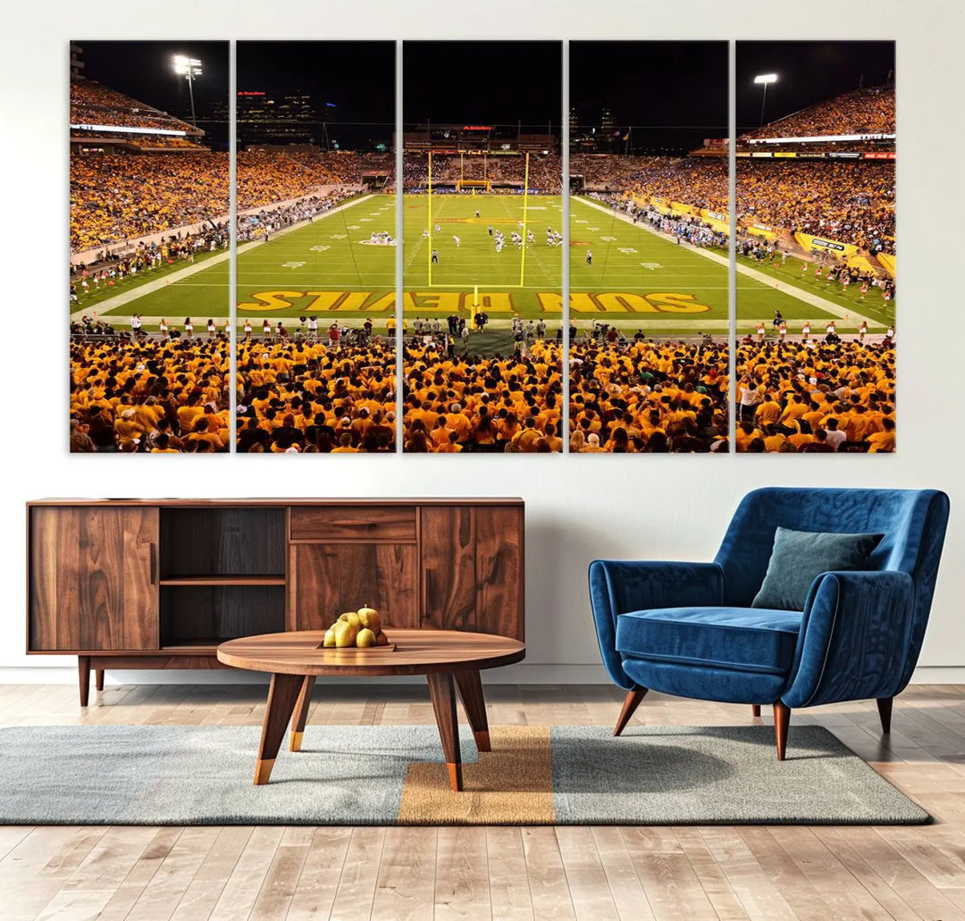 A living room boasts a gallery-quality finish with a large triptych featuring the ASU Sun Devils Football Team Print at Phoenix Mountain America Stadium wall art.