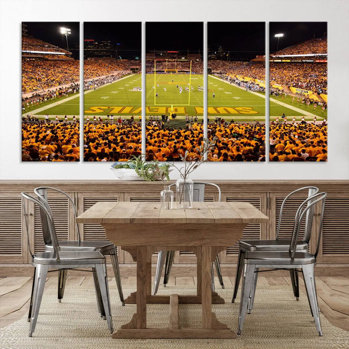 A living room boasts a gallery-quality finish with a large triptych featuring the ASU Sun Devils Football Team Print at Phoenix Mountain America Stadium wall art.