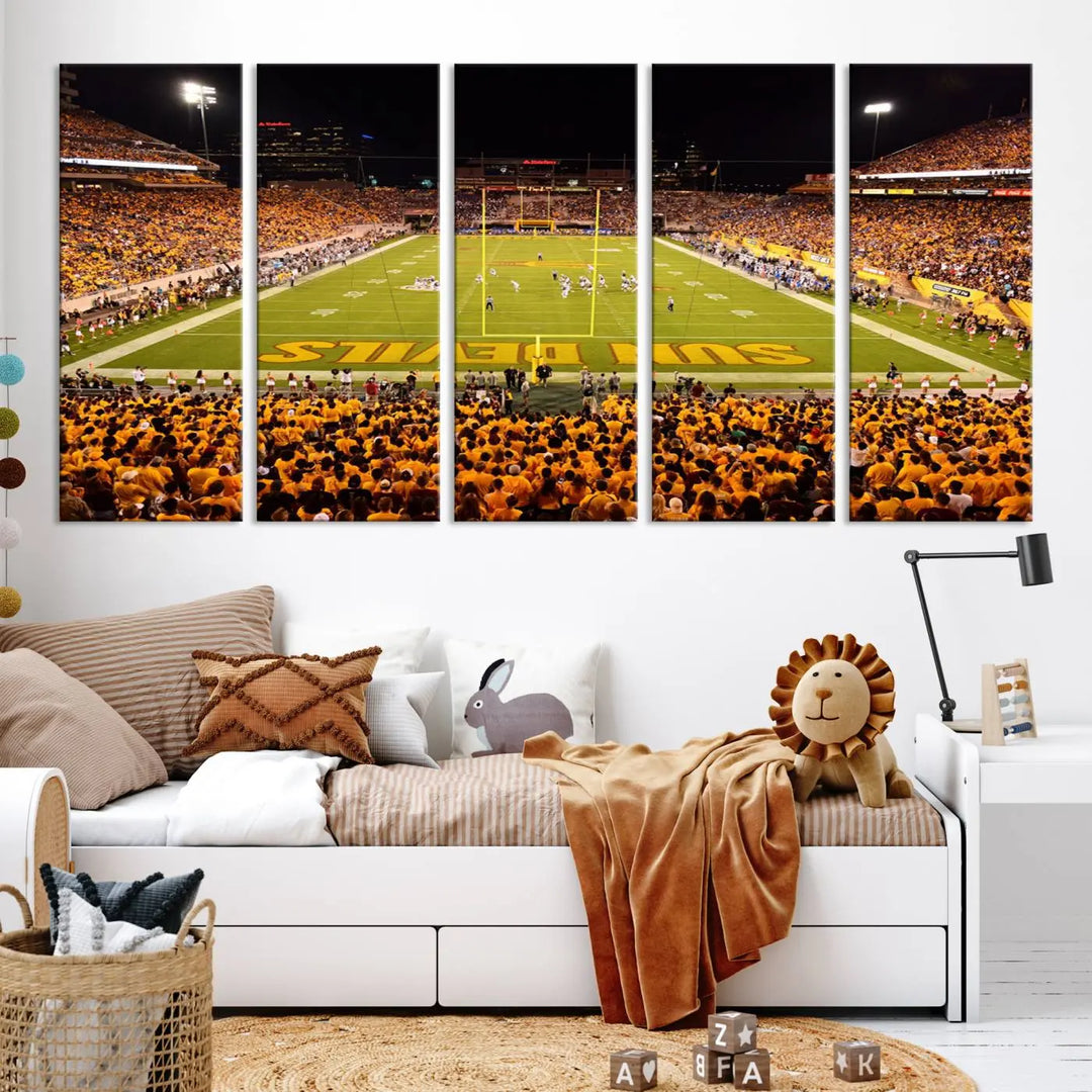 A living room boasts a gallery-quality finish with a large triptych featuring the ASU Sun Devils Football Team Print at Phoenix Mountain America Stadium wall art.