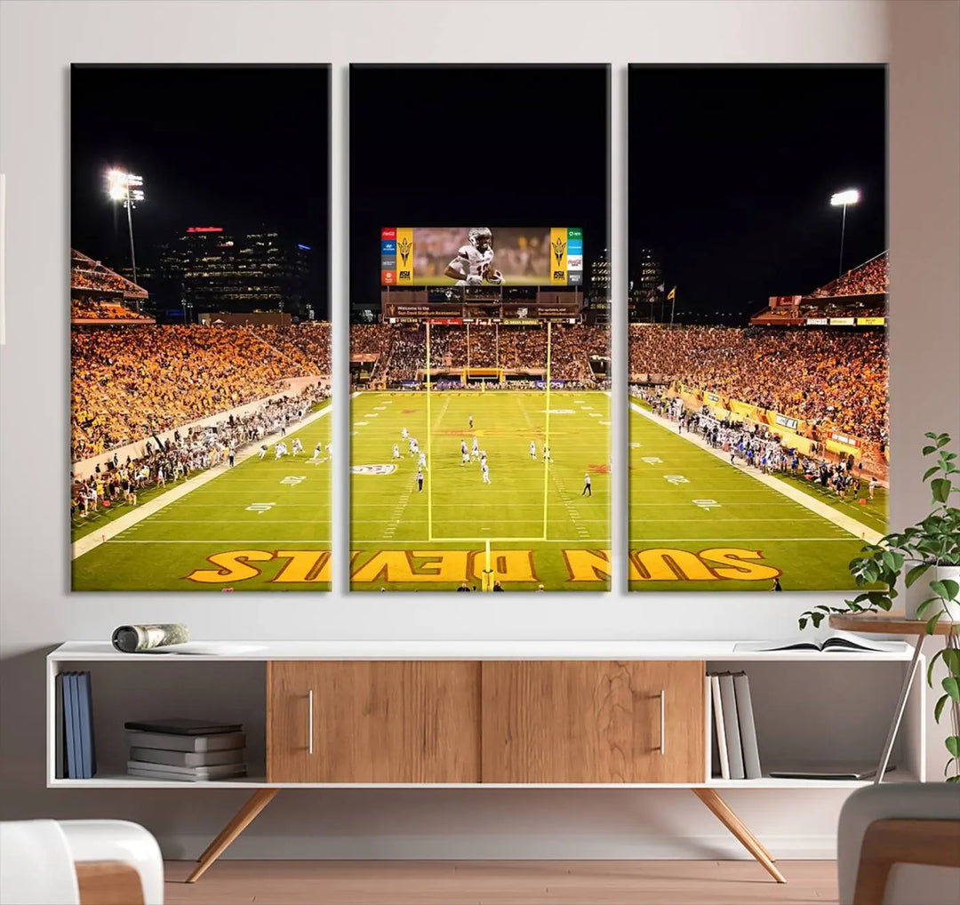 Discover the captivating ASU Sun Devils Football Team Print featuring Phoenix Mountain America Stadium at night. This handmade, three-panel wall art captures the vibrant scene with bright lights and a large crowd, offering a gallery-quality finish that enhances any space.