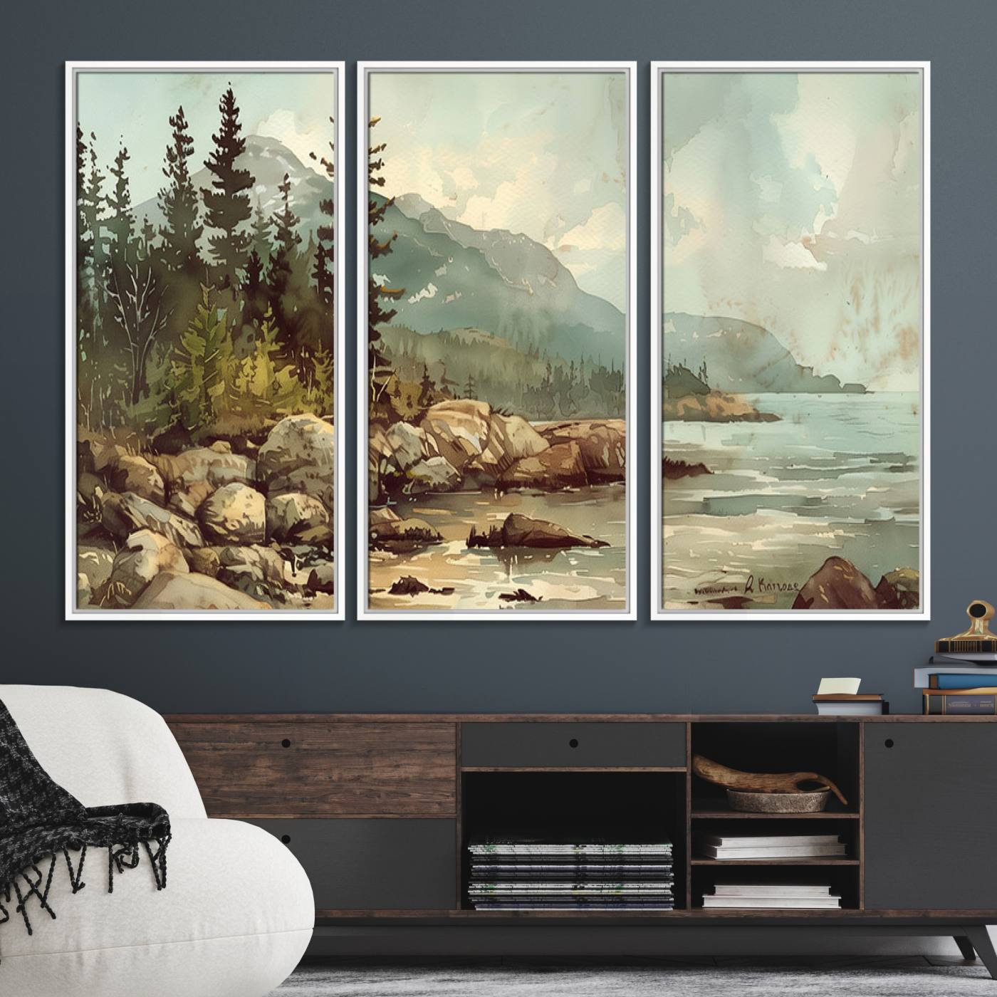 24809-MGV-FC-48X32-3P_White-Abstract Acadia National Park Wall Art Canvas Print - Stunning 3-Panel Wall Art Canvas Print, Framed, Ready to Hang