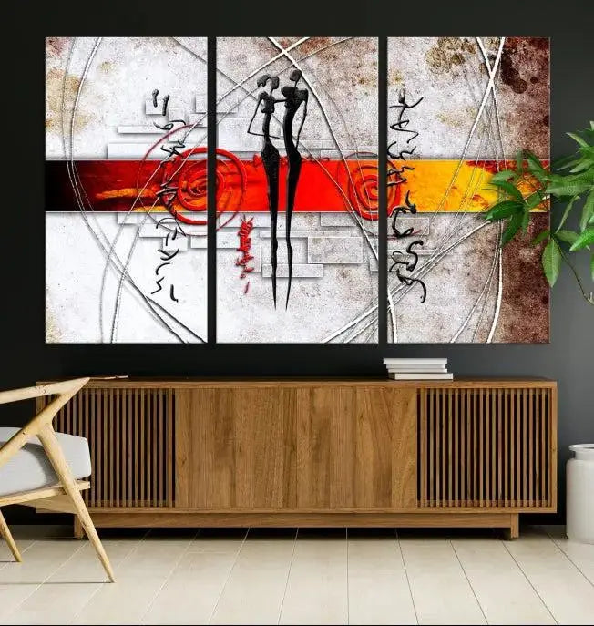 Abstract African Painting Canvas Wall Art Print features a triptych with swirling patterns and figures, highlighted by red and orange bands. It is ready to hang on museum-quality canvas with a UV-protective coating to maintain its vibrant colors.