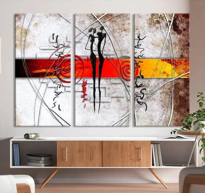 Abstract African Painting Canvas Wall Art Print features a triptych with swirling patterns and figures, highlighted by red and orange bands. It is ready to hang on museum-quality canvas with a UV-protective coating to maintain its vibrant colors.