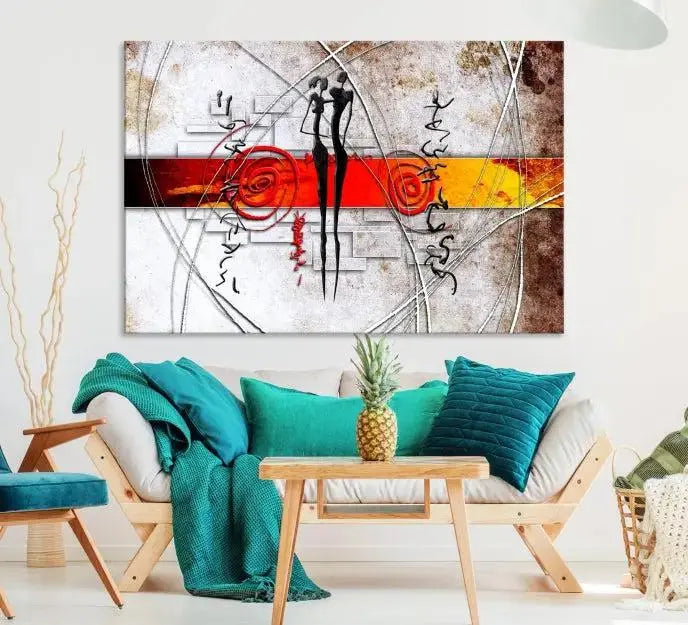 Abstract African Painting Canvas Wall Art Print features a triptych with swirling patterns and figures, highlighted by red and orange bands. It is ready to hang on museum-quality canvas with a UV-protective coating to maintain its vibrant colors.