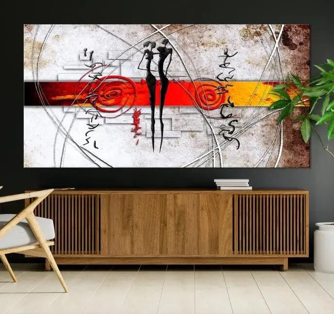 Abstract African Painting Canvas Wall Art Print features a triptych with swirling patterns and figures, highlighted by red and orange bands. It is ready to hang on museum-quality canvas with a UV-protective coating to maintain its vibrant colors.