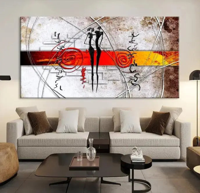 Abstract African Painting Canvas Wall Art Print features a triptych with swirling patterns and figures, highlighted by red and orange bands. It is ready to hang on museum-quality canvas with a UV-protective coating to maintain its vibrant colors.