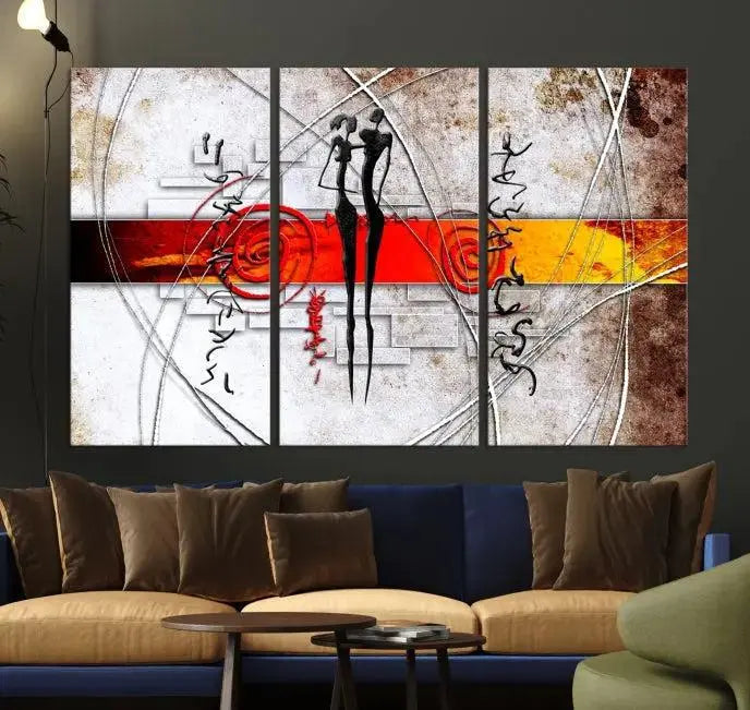 Abstract African Painting Canvas Wall Art Print features a triptych with swirling patterns and figures, highlighted by red and orange bands. It is ready to hang on museum-quality canvas with a UV-protective coating to maintain its vibrant colors.