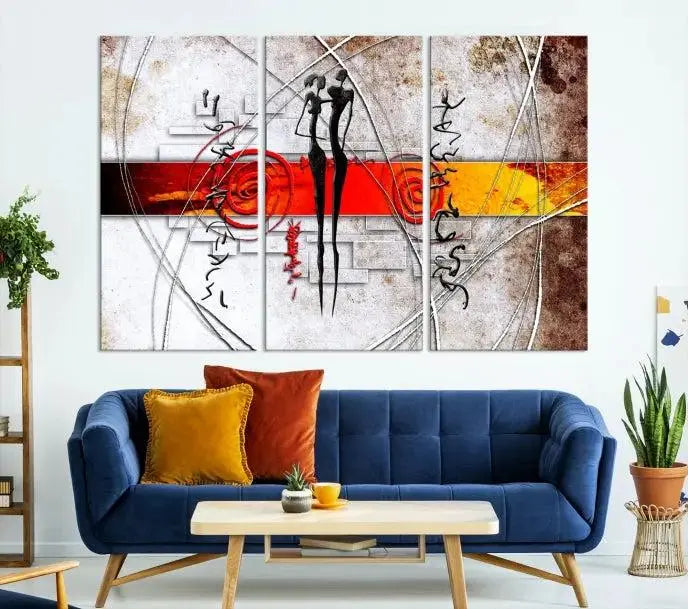 Abstract African Painting Canvas Wall Art Print features a triptych with swirling patterns and figures, highlighted by red and orange bands. It is ready to hang on museum-quality canvas with a UV-protective coating to maintain its vibrant colors.