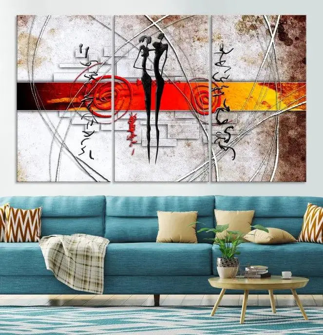 Abstract African Painting Canvas Wall Art Print features a triptych with swirling patterns and figures, highlighted by red and orange bands. It is ready to hang on museum-quality canvas with a UV-protective coating to maintain its vibrant colors.