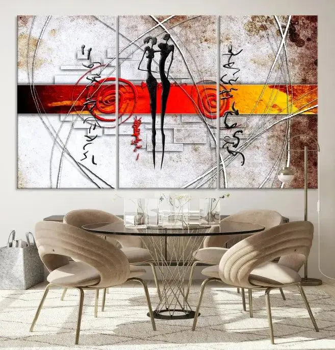 Abstract African Painting Canvas Wall Art Print features a triptych with swirling patterns and figures, highlighted by red and orange bands. It is ready to hang on museum-quality canvas with a UV-protective coating to maintain its vibrant colors.