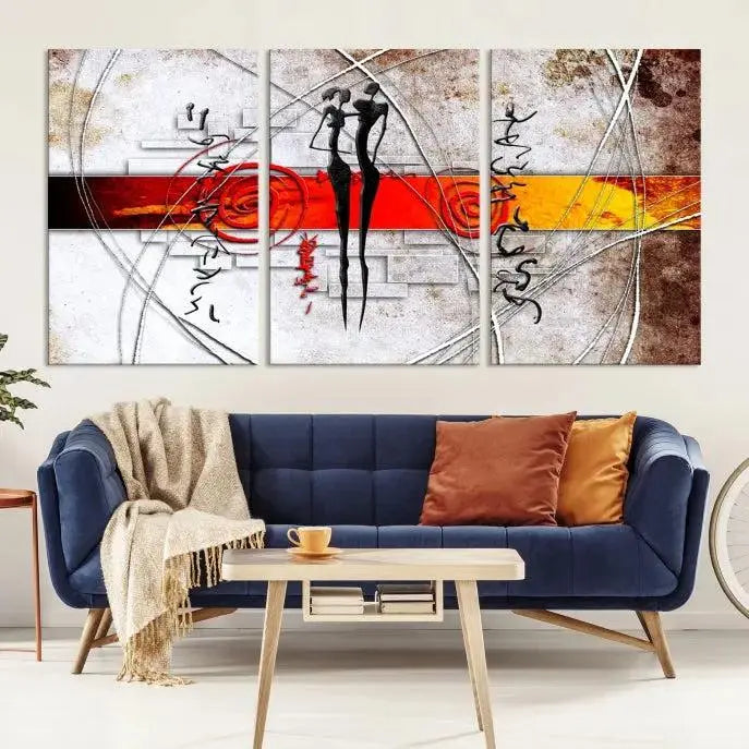 Abstract African Painting Canvas Wall Art Print features a triptych with swirling patterns and figures, highlighted by red and orange bands. It is ready to hang on museum-quality canvas with a UV-protective coating to maintain its vibrant colors.