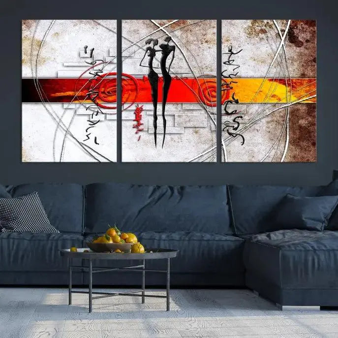 Abstract African Painting Canvas Wall Art Print features a triptych with swirling patterns and figures, highlighted by red and orange bands. It is ready to hang on museum-quality canvas with a UV-protective coating to maintain its vibrant colors.