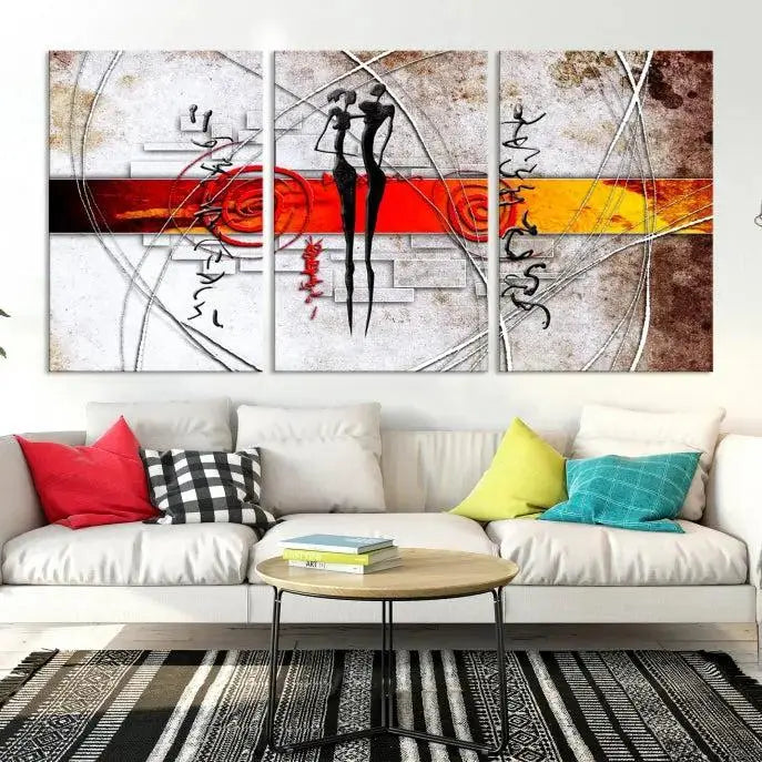 Abstract African Painting Canvas Wall Art Print features a triptych with swirling patterns and figures, highlighted by red and orange bands. It is ready to hang on museum-quality canvas with a UV-protective coating to maintain its vibrant colors.