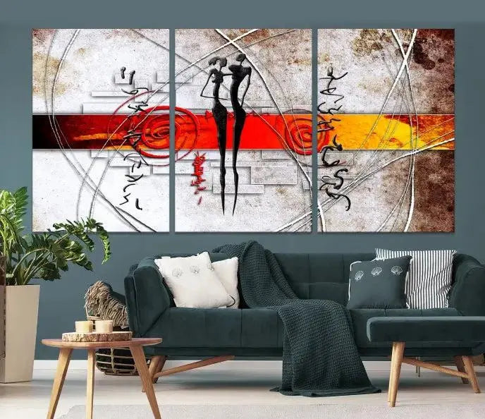 Abstract African Painting Canvas Wall Art Print features a triptych with swirling patterns and figures, highlighted by red and orange bands. It is ready to hang on museum-quality canvas with a UV-protective coating to maintain its vibrant colors.