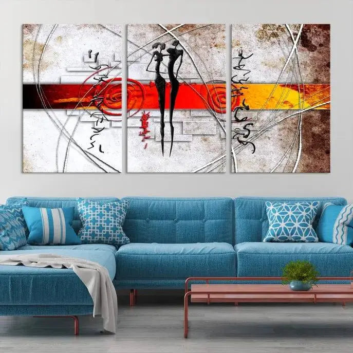 Abstract African Painting Canvas Wall Art Print features a triptych with swirling patterns and figures, highlighted by red and orange bands. It is ready to hang on museum-quality canvas with a UV-protective coating to maintain its vibrant colors.