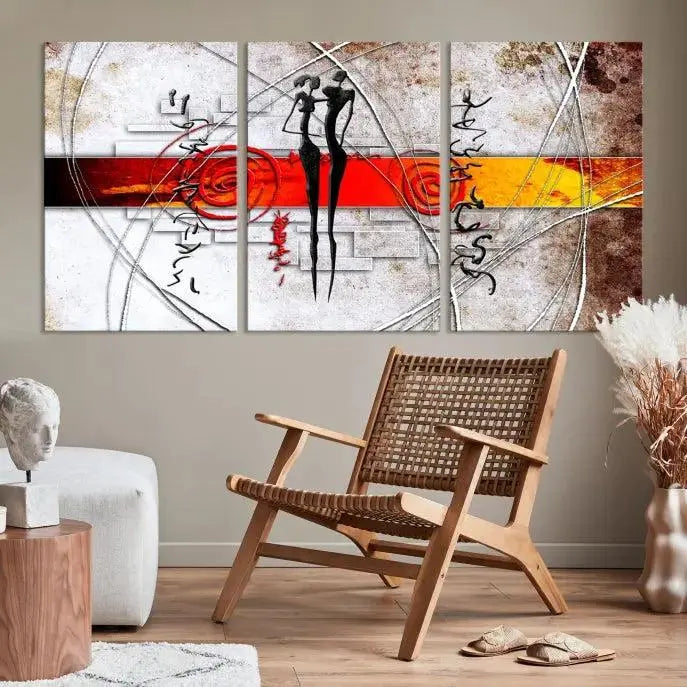 Abstract African Painting Canvas Wall Art Print features a triptych with swirling patterns and figures, highlighted by red and orange bands. It is ready to hang on museum-quality canvas with a UV-protective coating to maintain its vibrant colors.