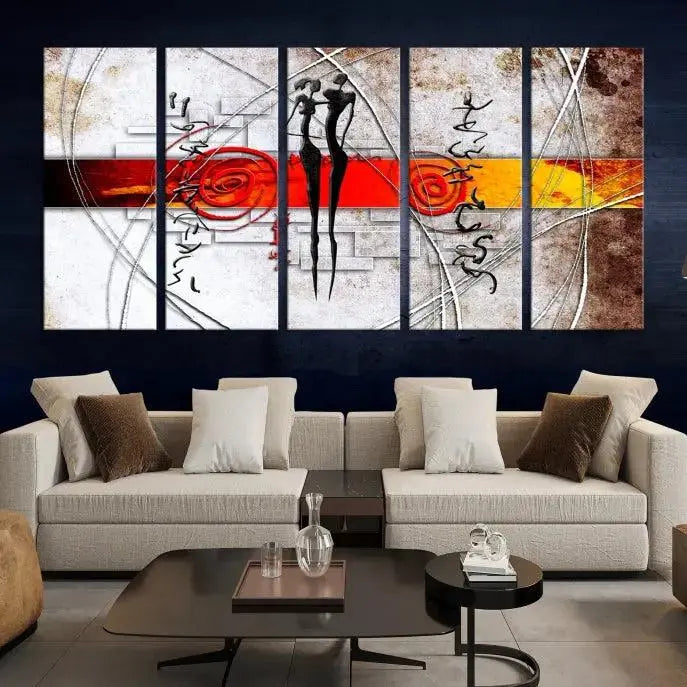 Abstract African Painting Canvas Wall Art Print features a triptych with swirling patterns and figures, highlighted by red and orange bands. It is ready to hang on museum-quality canvas with a UV-protective coating to maintain its vibrant colors.