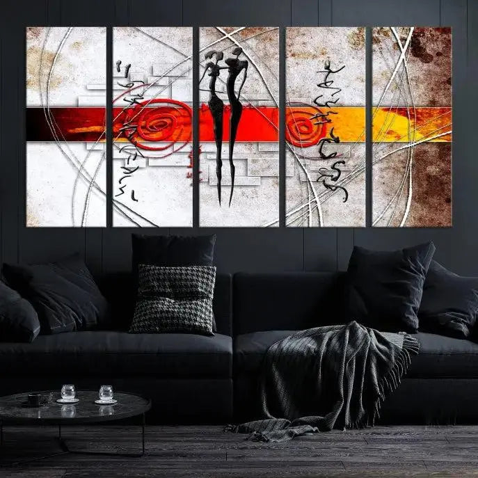 Abstract African Painting Canvas Wall Art Print features a triptych with swirling patterns and figures, highlighted by red and orange bands. It is ready to hang on museum-quality canvas with a UV-protective coating to maintain its vibrant colors.