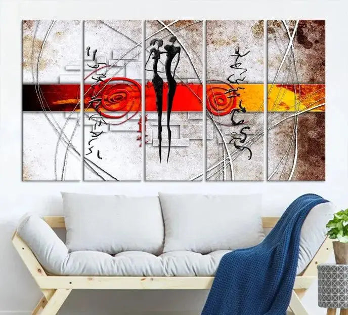 Abstract African Painting Canvas Wall Art Print features a triptych with swirling patterns and figures, highlighted by red and orange bands. It is ready to hang on museum-quality canvas with a UV-protective coating to maintain its vibrant colors.