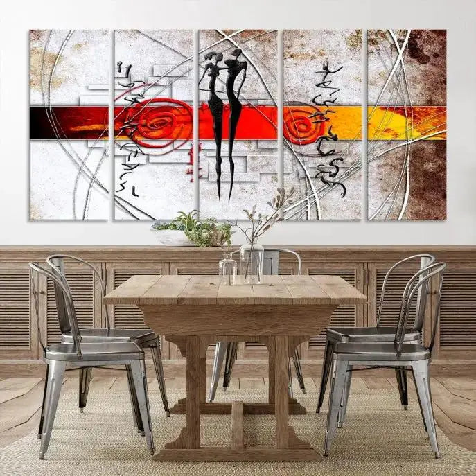 Abstract African Painting Canvas Wall Art Print features a triptych with swirling patterns and figures, highlighted by red and orange bands. It is ready to hang on museum-quality canvas with a UV-protective coating to maintain its vibrant colors.