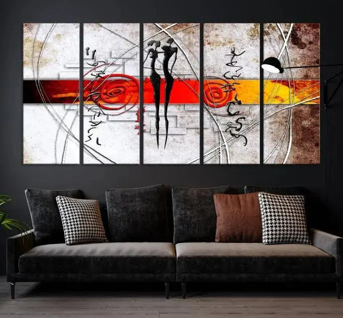 Abstract African Painting Canvas Wall Art Print features a triptych with swirling patterns and figures, highlighted by red and orange bands. It is ready to hang on museum-quality canvas with a UV-protective coating to maintain its vibrant colors.