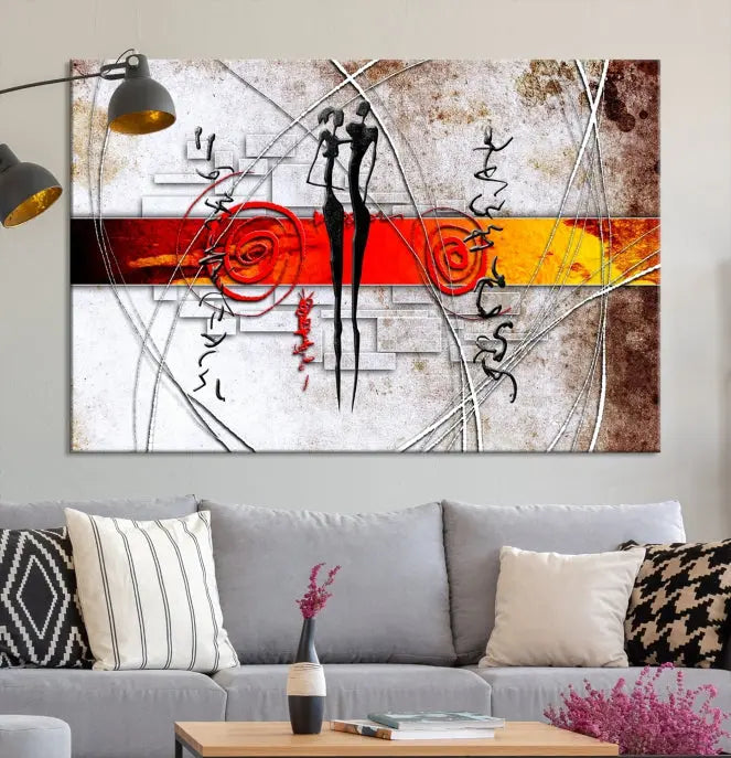 Abstract African Painting Canvas Wall Art Print features a triptych with swirling patterns and figures, highlighted by red and orange bands. It is ready to hang on museum-quality canvas with a UV-protective coating to maintain its vibrant colors.