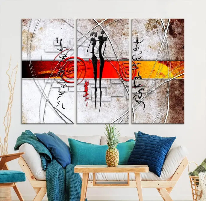 Abstract African Painting Canvas Wall Art Print features a triptych with swirling patterns and figures, highlighted by red and orange bands. It is ready to hang on museum-quality canvas with a UV-protective coating to maintain its vibrant colors.