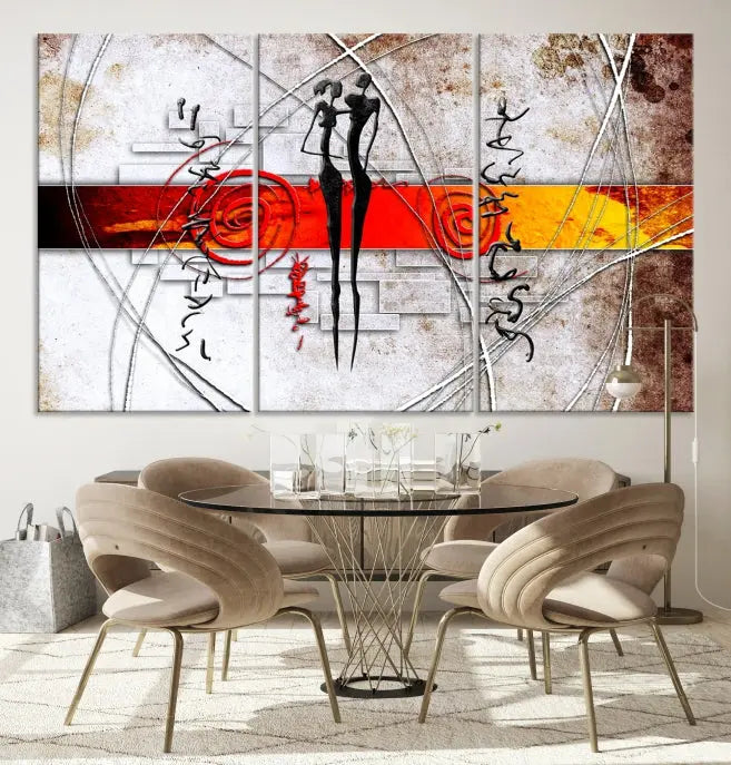 Abstract African Painting Canvas Wall Art Print features a triptych with swirling patterns and figures, highlighted by red and orange bands. It is ready to hang on museum-quality canvas with a UV-protective coating to maintain its vibrant colors.