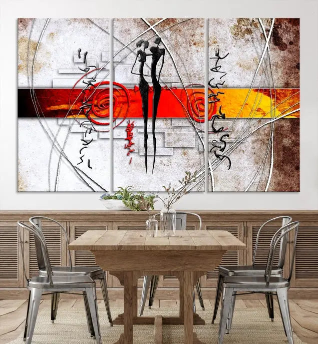 Abstract African Painting Canvas Wall Art Print features a triptych with swirling patterns and figures, highlighted by red and orange bands. It is ready to hang on museum-quality canvas with a UV-protective coating to maintain its vibrant colors.