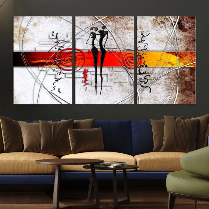 Abstract African Painting Canvas Wall Art Print features a triptych with swirling patterns and figures, highlighted by red and orange bands. It is ready to hang on museum-quality canvas with a UV-protective coating to maintain its vibrant colors.