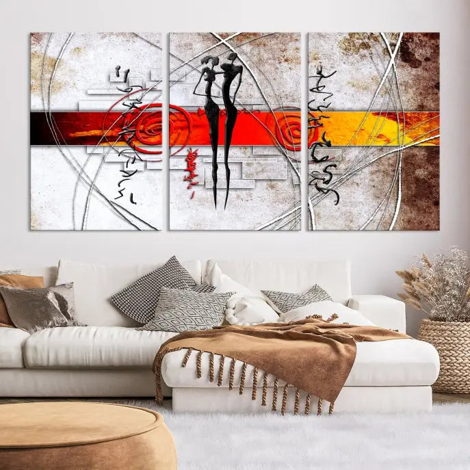 Abstract African Painting Canvas Wall Art Print features a triptych with swirling patterns and figures, highlighted by red and orange bands. It is ready to hang on museum-quality canvas with a UV-protective coating to maintain its vibrant colors.