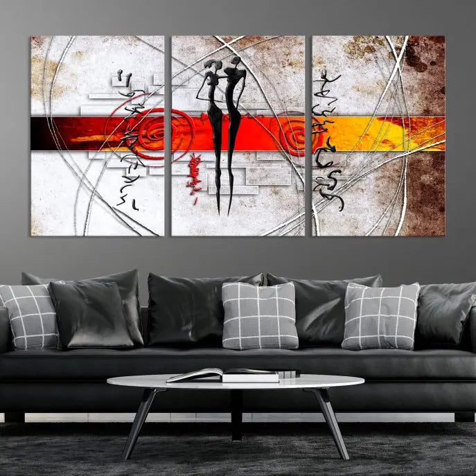 Abstract African Painting Canvas Wall Art Print features a triptych with swirling patterns and figures, highlighted by red and orange bands. It is ready to hang on museum-quality canvas with a UV-protective coating to maintain its vibrant colors.