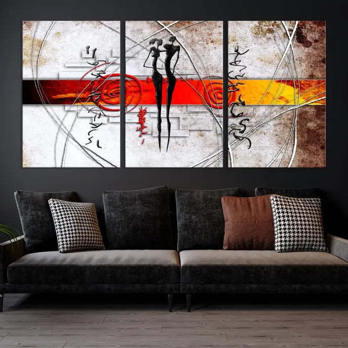 Abstract African Painting Canvas Wall Art Print features a triptych with swirling patterns and figures, highlighted by red and orange bands. It is ready to hang on museum-quality canvas with a UV-protective coating to maintain its vibrant colors.