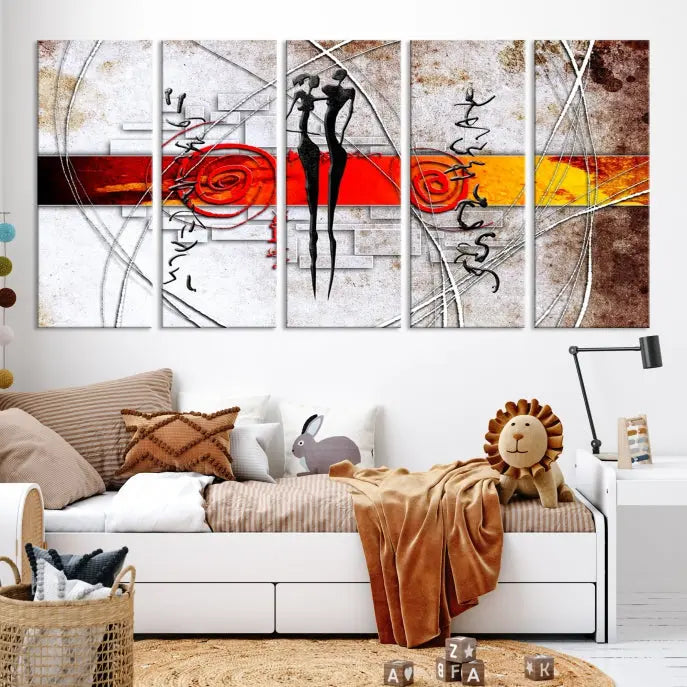 Abstract African Painting Canvas Wall Art Print features a triptych with swirling patterns and figures, highlighted by red and orange bands. It is ready to hang on museum-quality canvas with a UV-protective coating to maintain its vibrant colors.