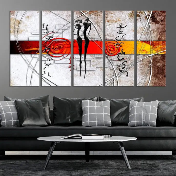 Abstract African Painting Canvas Wall Art Print features a triptych with swirling patterns and figures, highlighted by red and orange bands. It is ready to hang on museum-quality canvas with a UV-protective coating to maintain its vibrant colors.