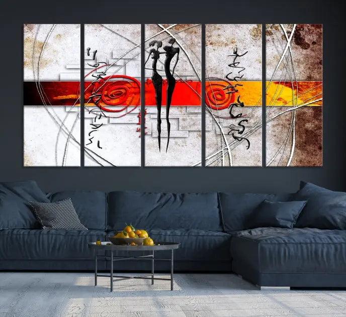 Abstract African Painting Canvas Wall Art Print features a triptych with swirling patterns and figures, highlighted by red and orange bands. It is ready to hang on museum-quality canvas with a UV-protective coating to maintain its vibrant colors.