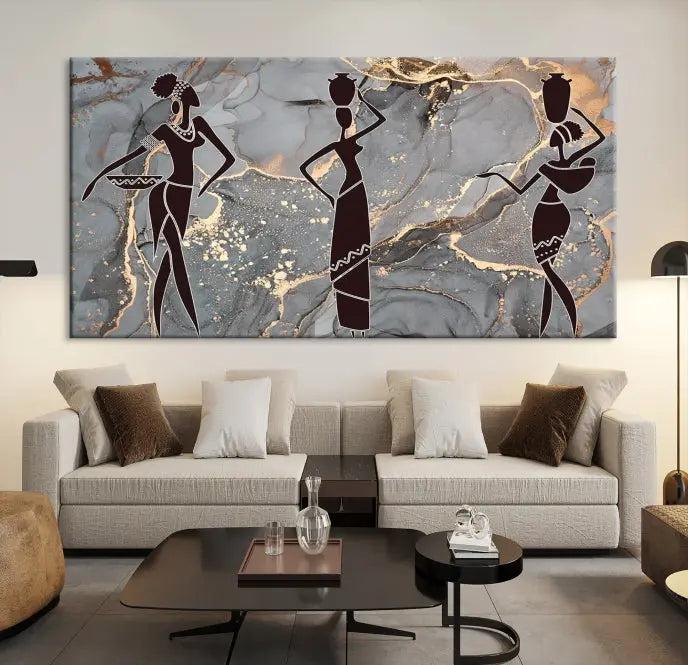 Abstract African Women Silhouette Wall Art | 3-Panel Gold and Gray Marble Texture Canvas Print | Modern Ethnic Decor for Dining Room, Living Room Print