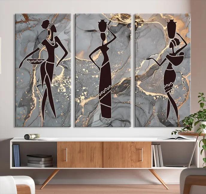 Abstract African Women Silhouette Wall Art | 3-Panel Gold and Gray Marble Texture Canvas Print | Modern Ethnic Decor for Dining Room, Living Room Print