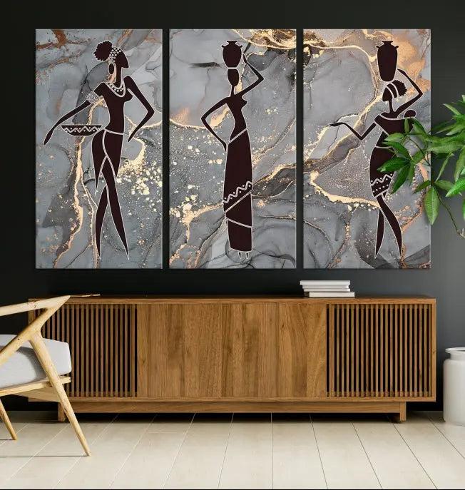 Abstract African Women Silhouette Wall Art | 3-Panel Gold and Gray Marble Texture Canvas Print | Modern Ethnic Decor for Dining Room, Living Room Print