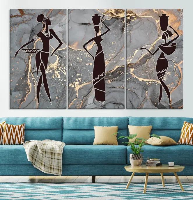 Abstract African Women Silhouette Wall Art | 3-Panel Gold and Gray Marble Texture Canvas Print | Modern Ethnic Decor for Dining Room, Living Room Print