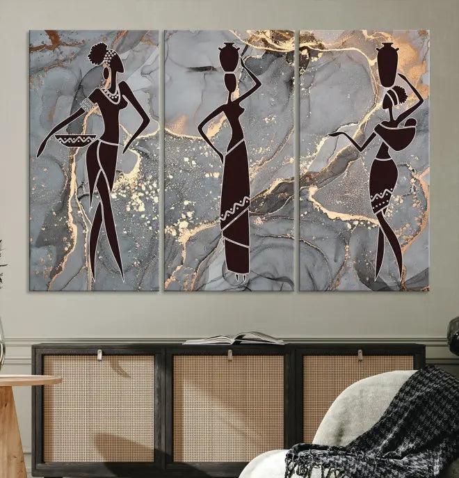 Abstract African Women Silhouette Wall Art | 3-Panel Gold and Gray Marble Texture Canvas Print | Modern Ethnic Decor for Dining Room, Living Room Print