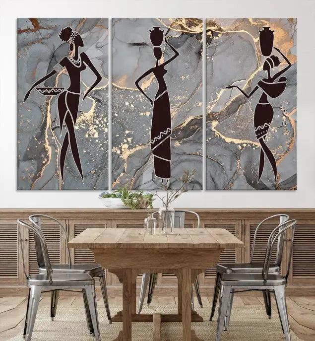 Abstract African Women Silhouette Wall Art | 3-Panel Gold and Gray Marble Texture Canvas Print | Modern Ethnic Decor for Dining Room, Living Room Print