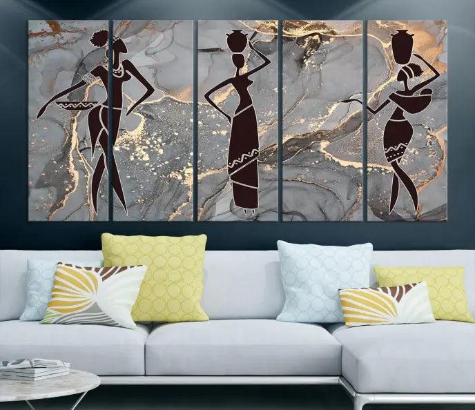 Abstract African Women Silhouette Wall Art | 3-Panel Gold and Gray Marble Texture Canvas Print | Modern Ethnic Decor for Dining Room, Living Room Print