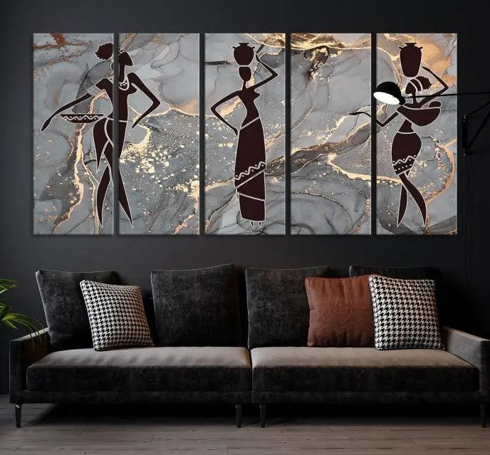 Abstract African Women Silhouette Wall Art | 3-Panel Gold and Gray Marble Texture Canvas Print | Modern Ethnic Decor for Dining Room, Living Room Print